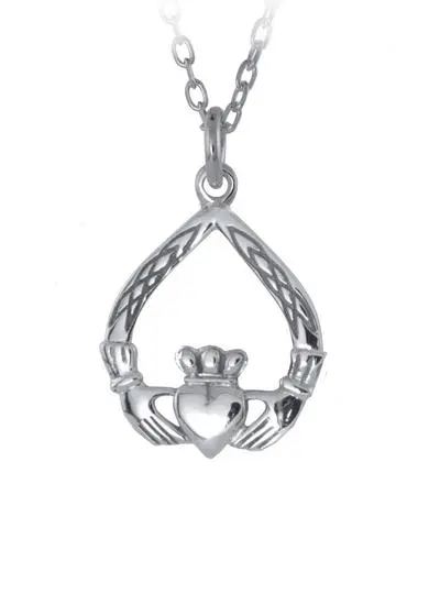 White background cut out shot of Sterling Silver Teardrop Claddagh Weave Pendant